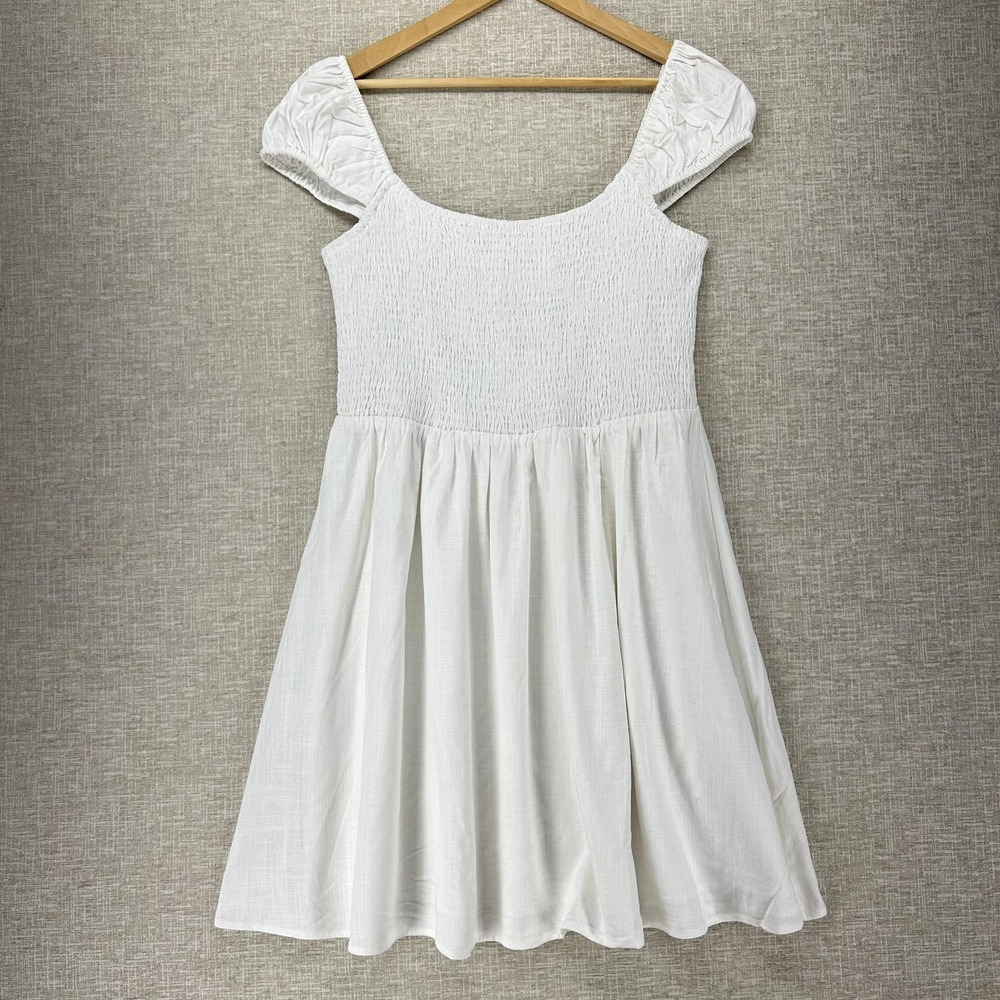 Elodie Dress Womens XL White Smocked Linen Blend Puff Sleeve Mini Lined Summer